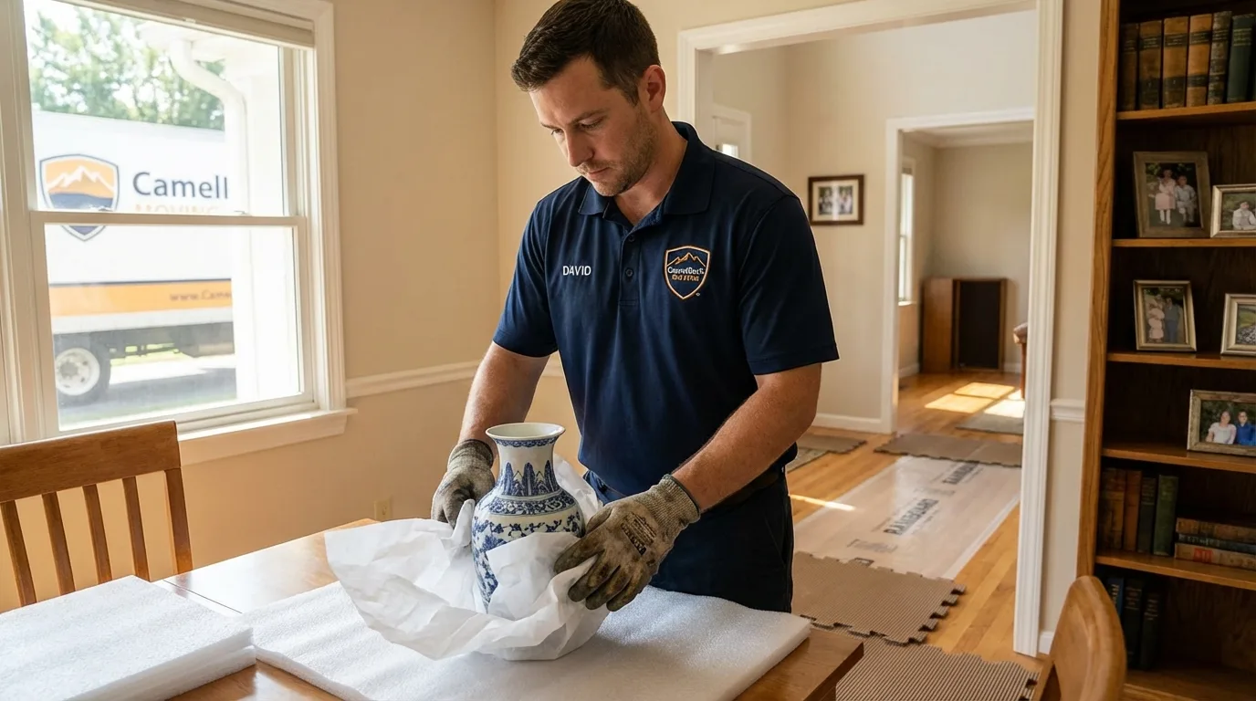 Professional crew carefully wrapping antique vase for senior downsizing move in Clarks Summit, PA